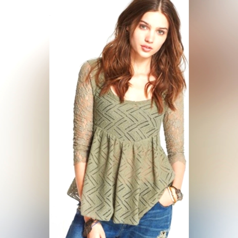 Free People lace olive green top 3/4 sleeves open back